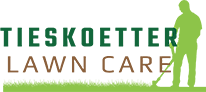 Logo for Tieskoetter Lawn Care featuring a silhouette of a person trimming grass, with the company name in bold letters above.