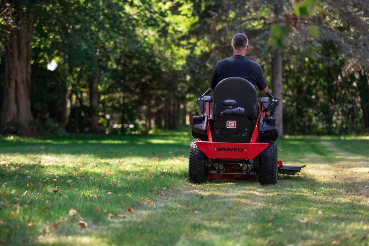 A person mowing a lush green lawn with a red riding lawn mower, surrounded by trees.