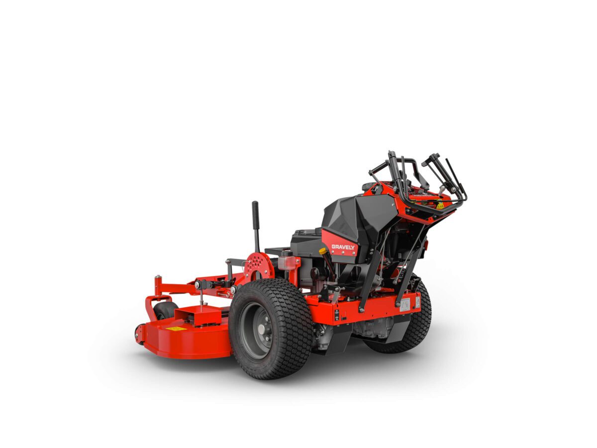 Red and black riding lawn mower with large wheels and an adjustable seat, viewed from the side angle.