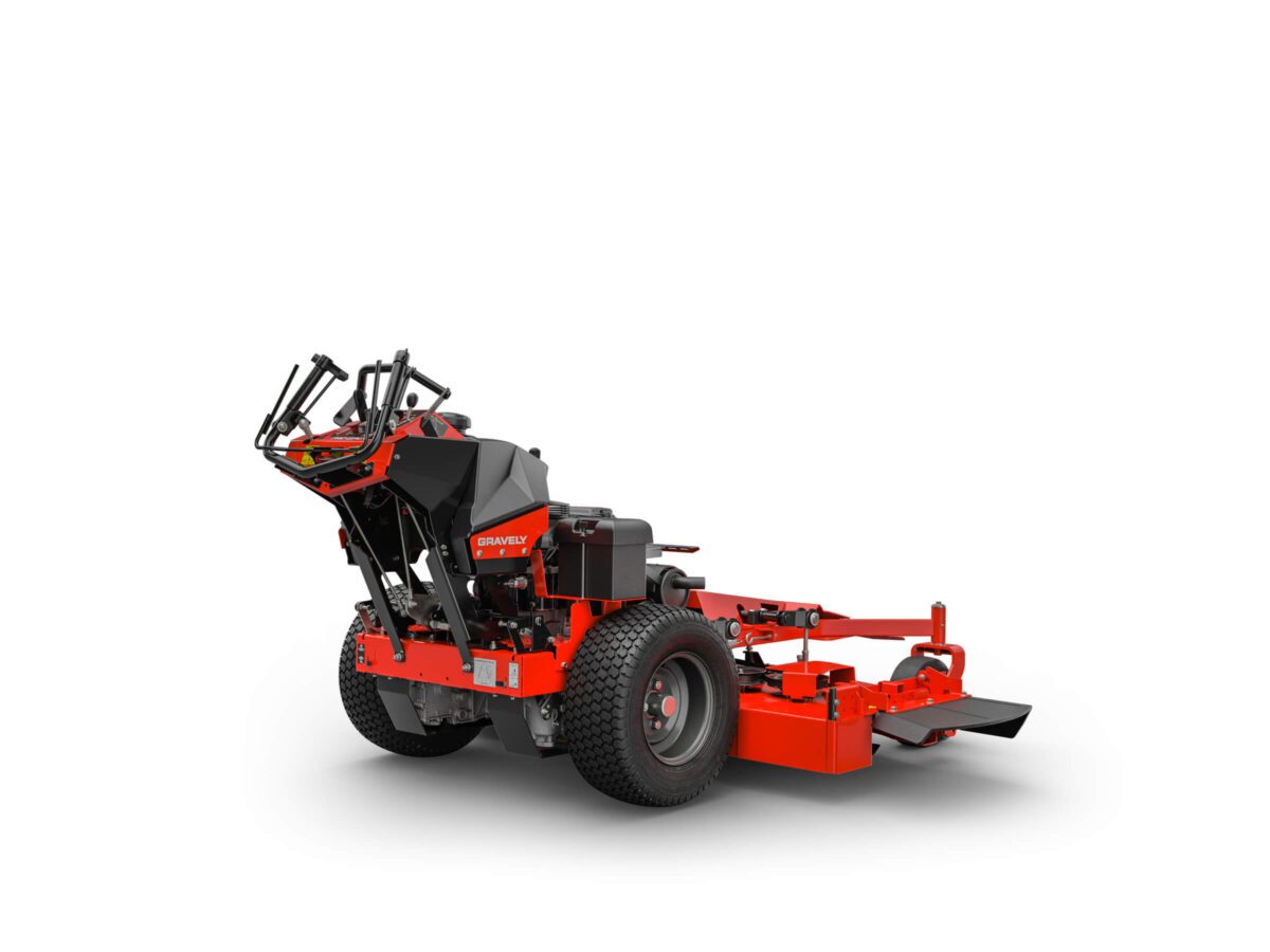 Red and black commercial-grade lawn mower with a wide cutting deck and large tires, viewed from the rear angle on a white background.