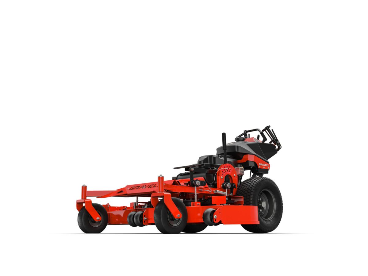 A red and black zero-turn lawn mower with large wheels and a control seat.