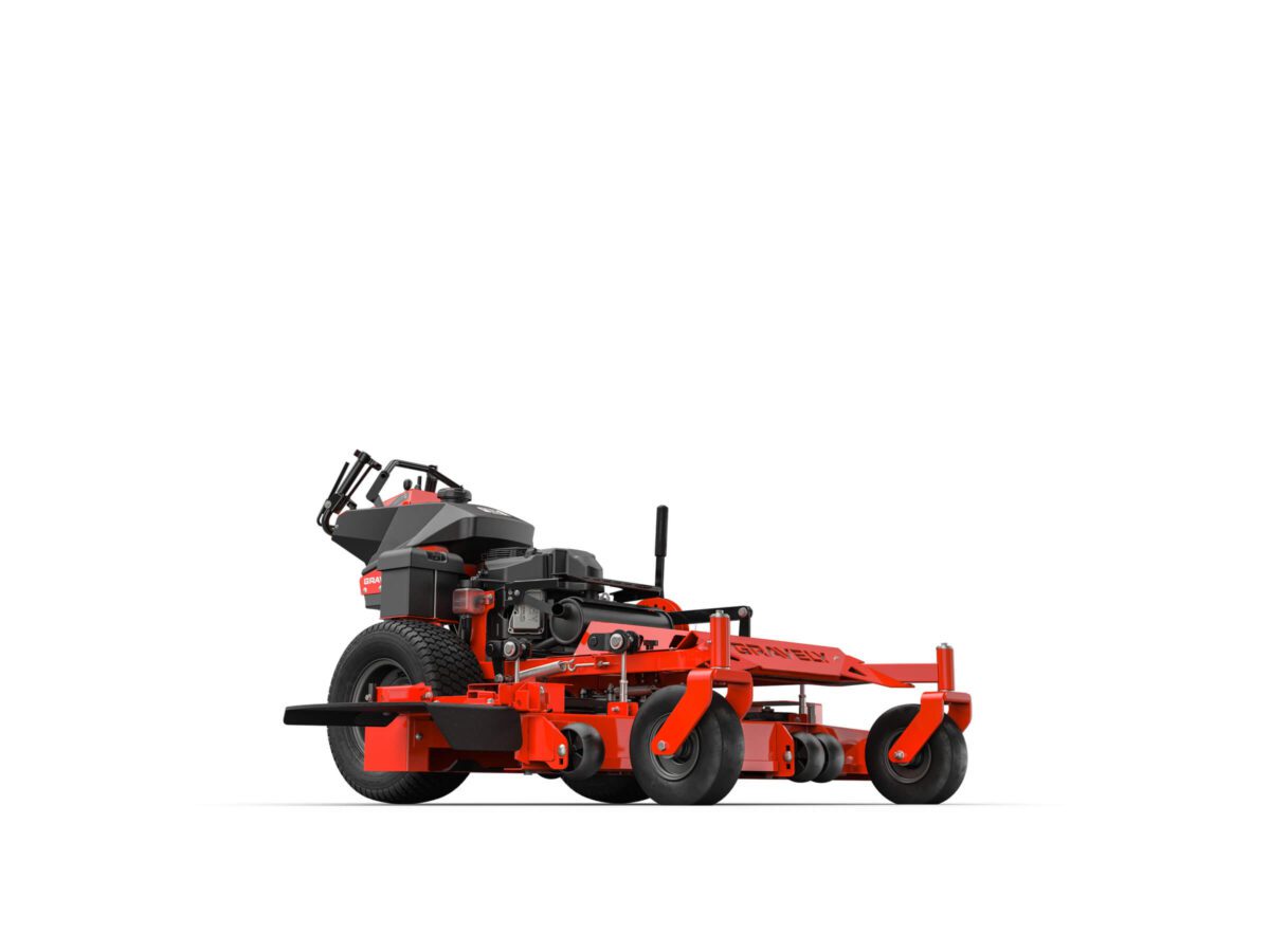 A red commercial lawn mower with four wheels and a rear engine, designed for landscaping and lawn maintenance.