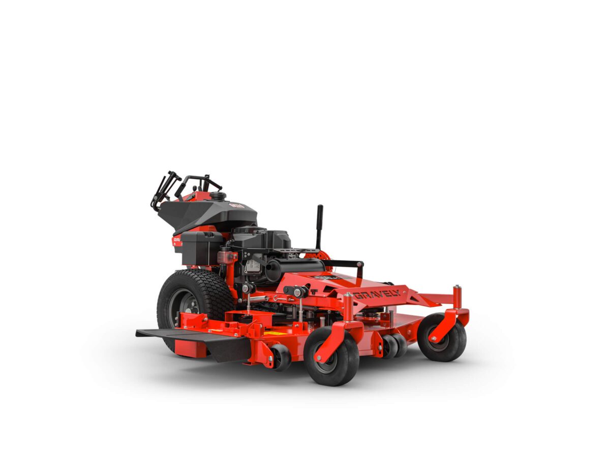 Orange industrial lawnmower with four front wheels and a black handlebar, designed for efficient grass cutting.
