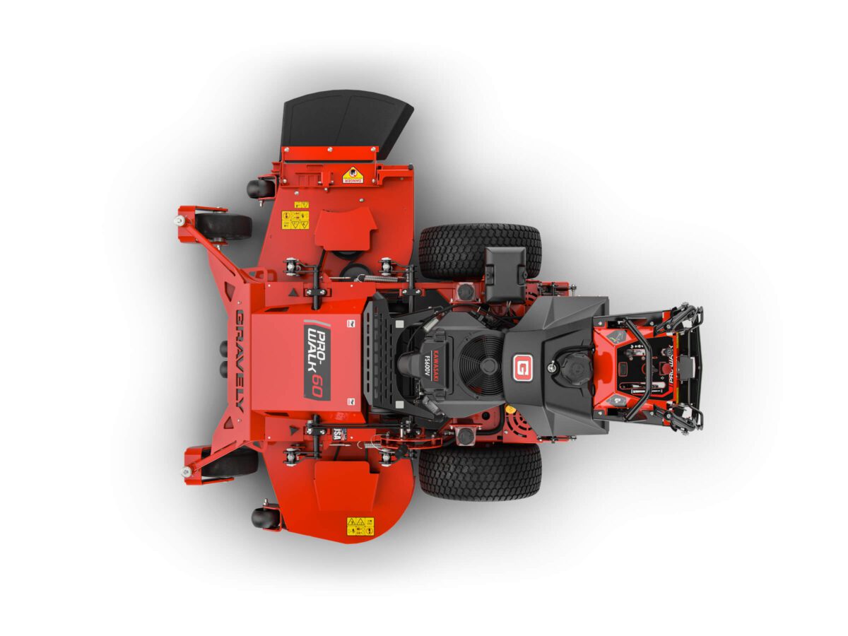Overhead view of a red, industrial-grade, stand-on lawn mower with visible control panel and large rear wheels, designed for efficient grass cutting.