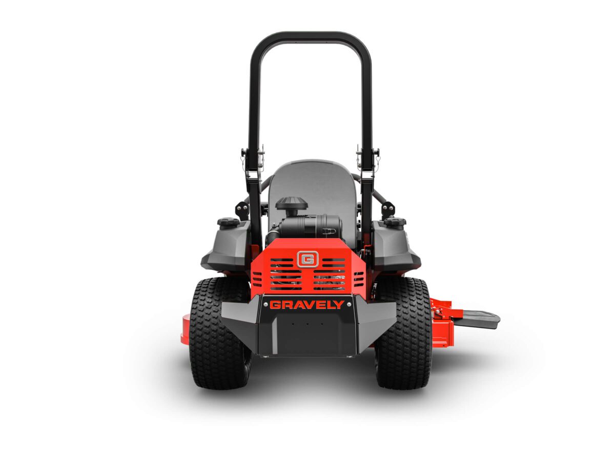 Red and black Gravely zero-turn lawn mower viewed from the front, featuring a sturdy roll bar and large rear wheels.