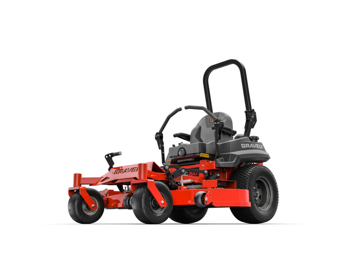 A red and gray zero-turn riding lawn mower with a roll bar and seat, designed for efficient grass cutting.