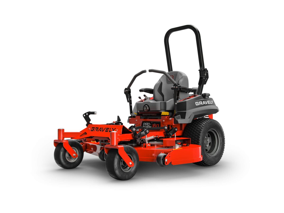Red and black zero-turn lawn mower with a high back seat and roll bar, featuring two front caster wheels and two larger rear wheels.