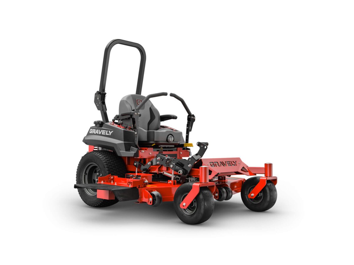 A red and black zero-turn lawn mower with a high back seat, steering levers, and large front and rear wheels.
