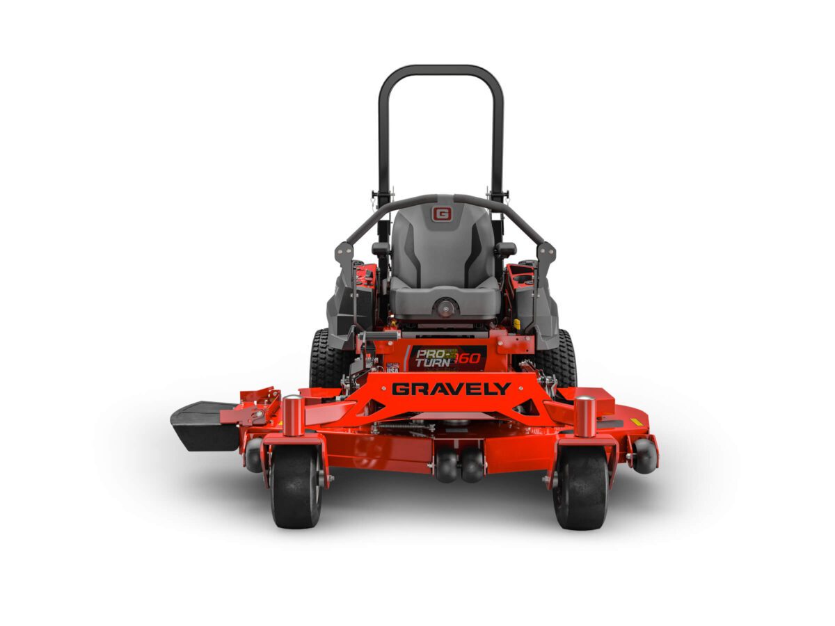 Rear view of a Gravely Pro-Turn 160 zero-turn lawn mower in bright red, featuring a seat with armrests and four visible wheels.