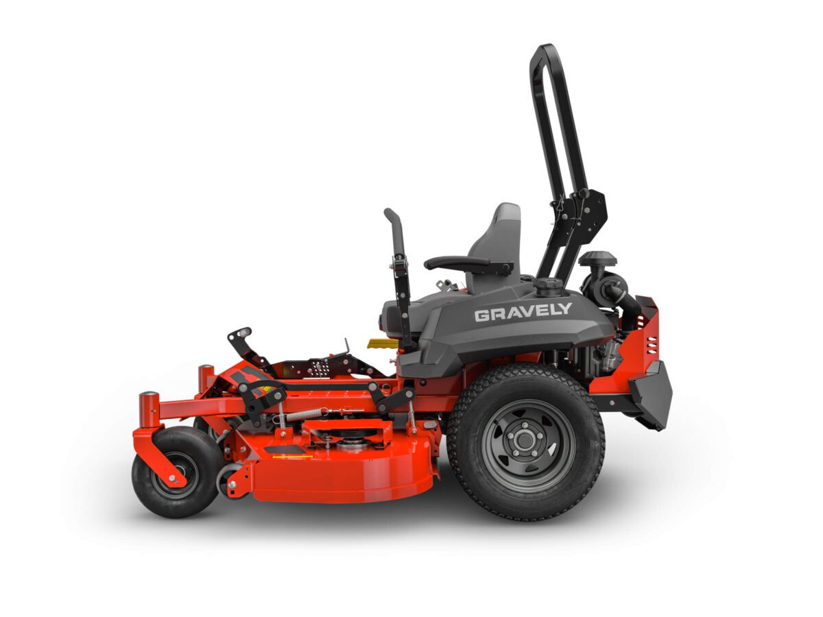 A red and gray Gravely zero-turn lawn mower with a comfortable seat, control levers, and sturdy wheels, designed for efficient grass cutting.