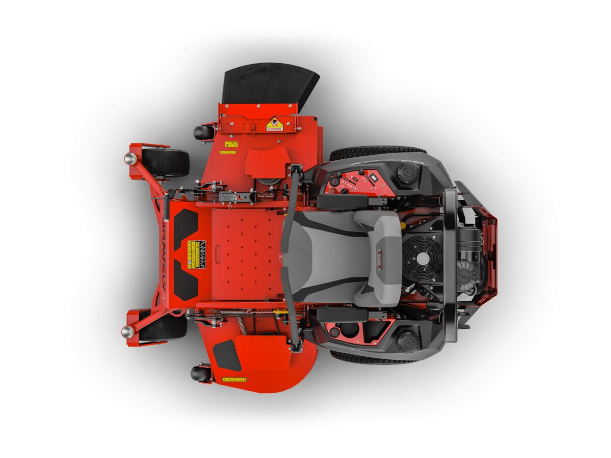 Top view of a red and gray lawnmower with visible engine compartment, steering area, and mowing deck.