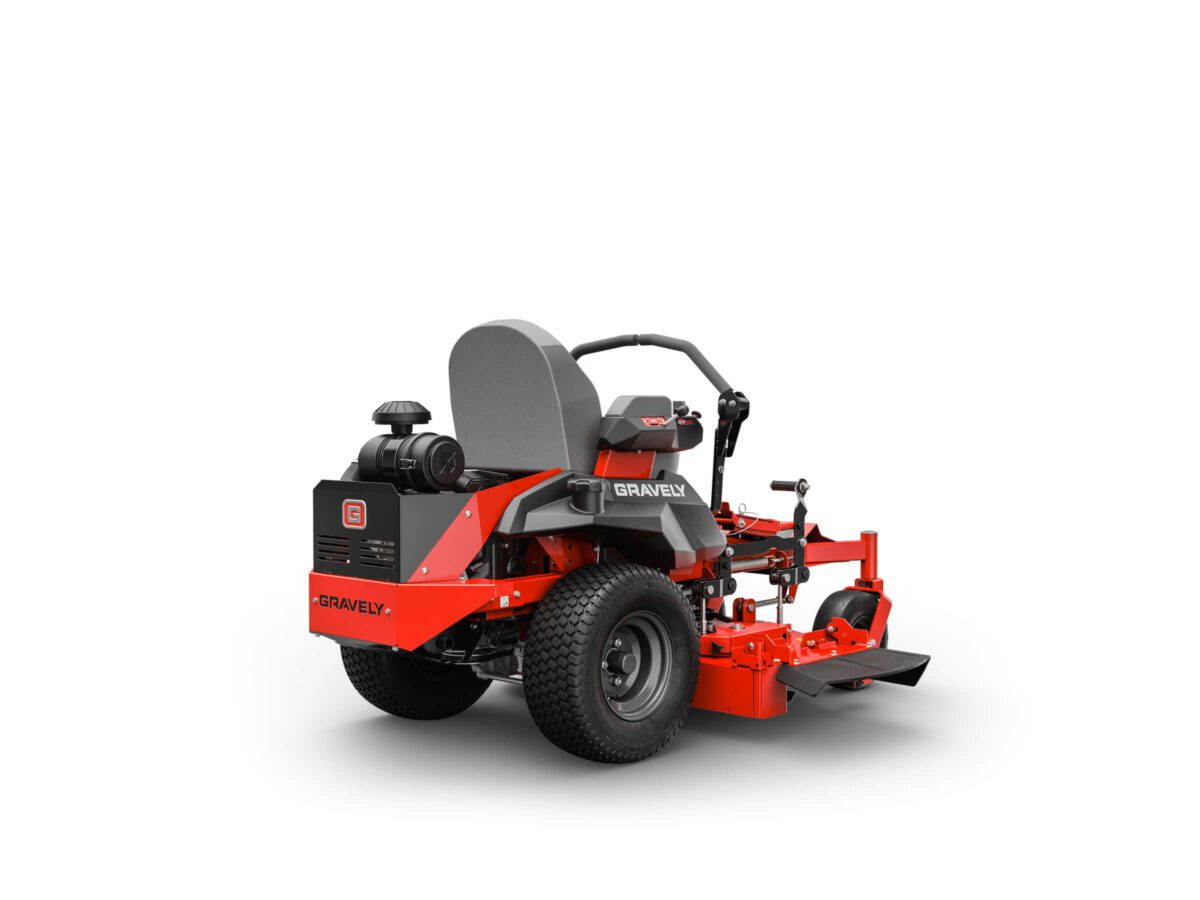 A red and black ride-on lawn mower with a steering handle and a large seat, viewed from the back angle on a white background.