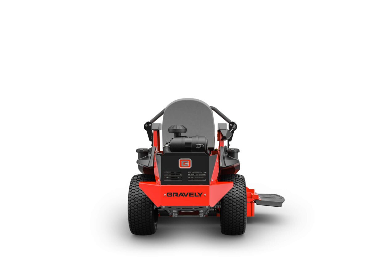 Front view of a Gravely zero-turn lawn mower with a red and black color scheme. It features large rear tires and a seat with armrests.