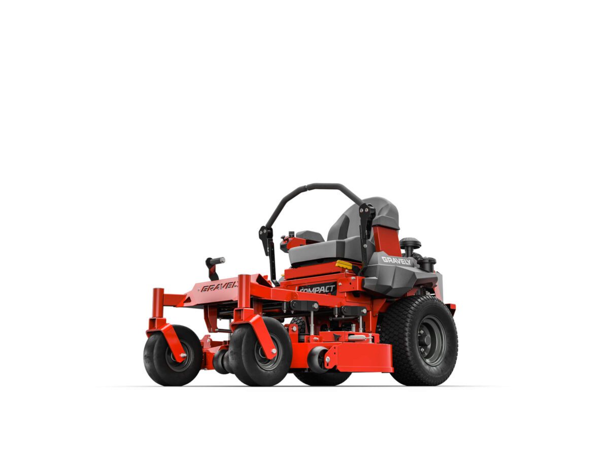 A bright red ride-on lawnmower with large front and rear wheels, a seat with armrests, and visible branding. It is positioned at an angle, showcasing its side and front.