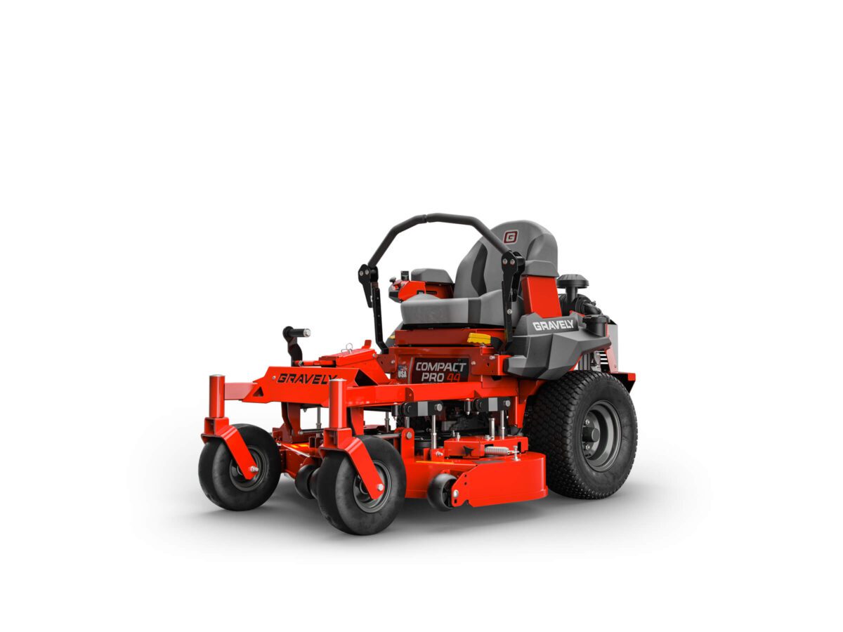 Red Gravely compact pro 34 zero-turn lawn mower with a high-back seat, dual handlebars, and large rear wheels on a white background.