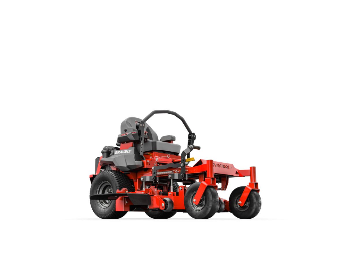 Red and black zero-turn lawn mower on a white background, showing front and side views.