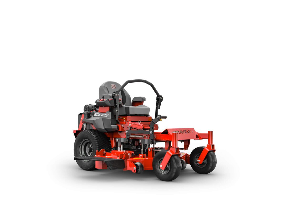 Red zero-turn lawn mower with a seat, steering handles, and large rear wheels. Stamped with "Gravely" branding.