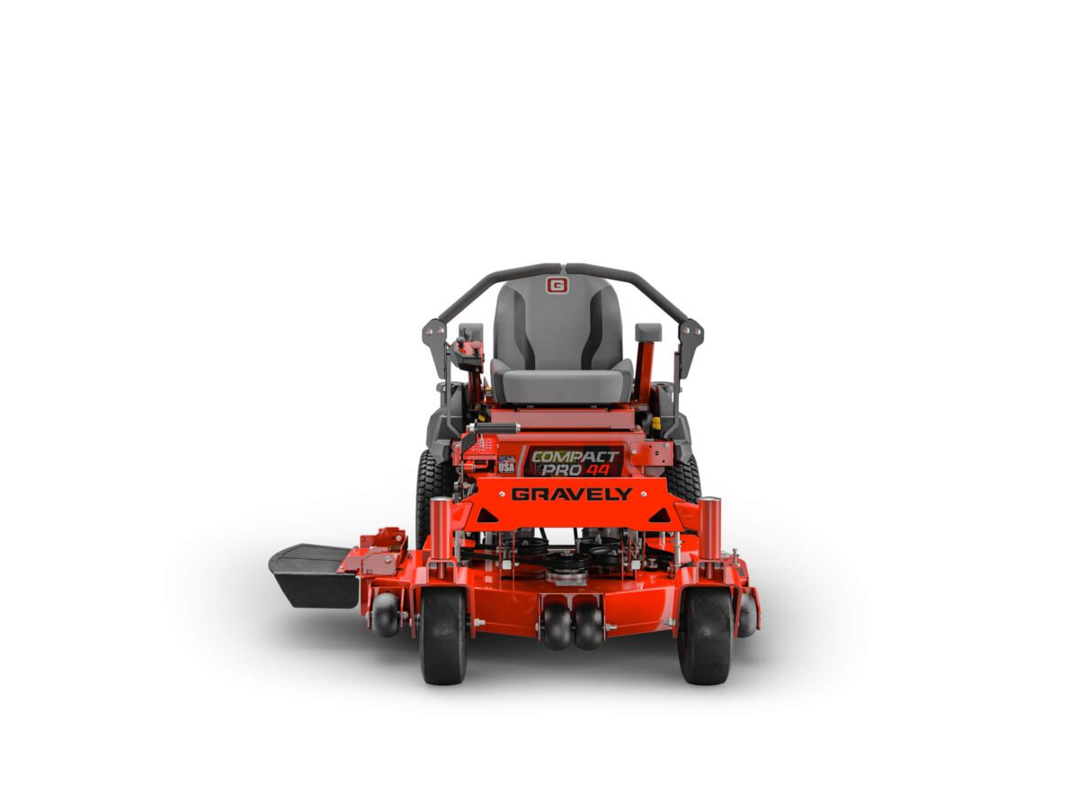 Red Gravely Compact Pro 60 lawn mower with black and gray seat, front view on a white background.