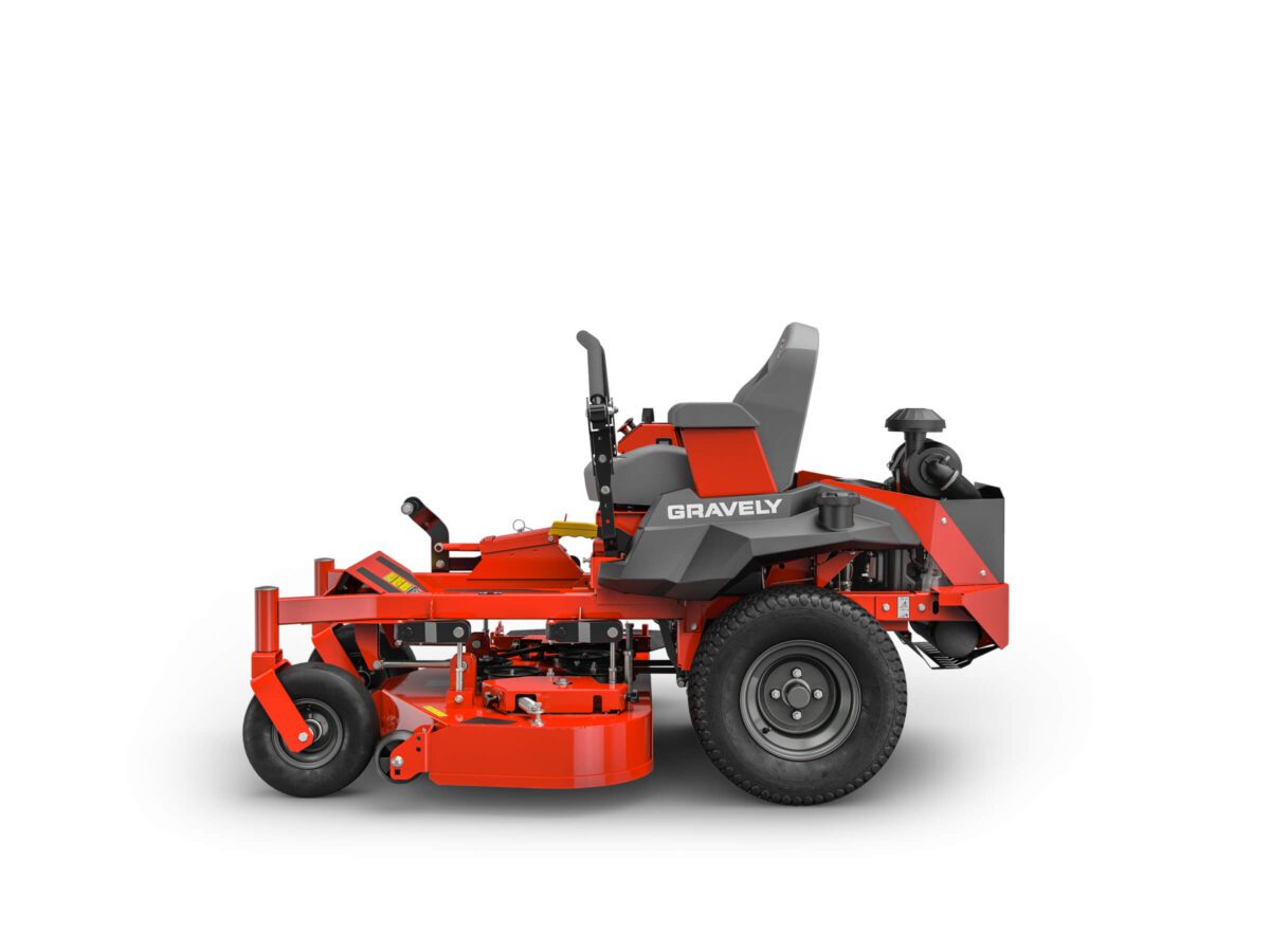 Red and black riding lawn mower with "Gravely" logo, featuring a seat, steering controls, and large rear wheels.