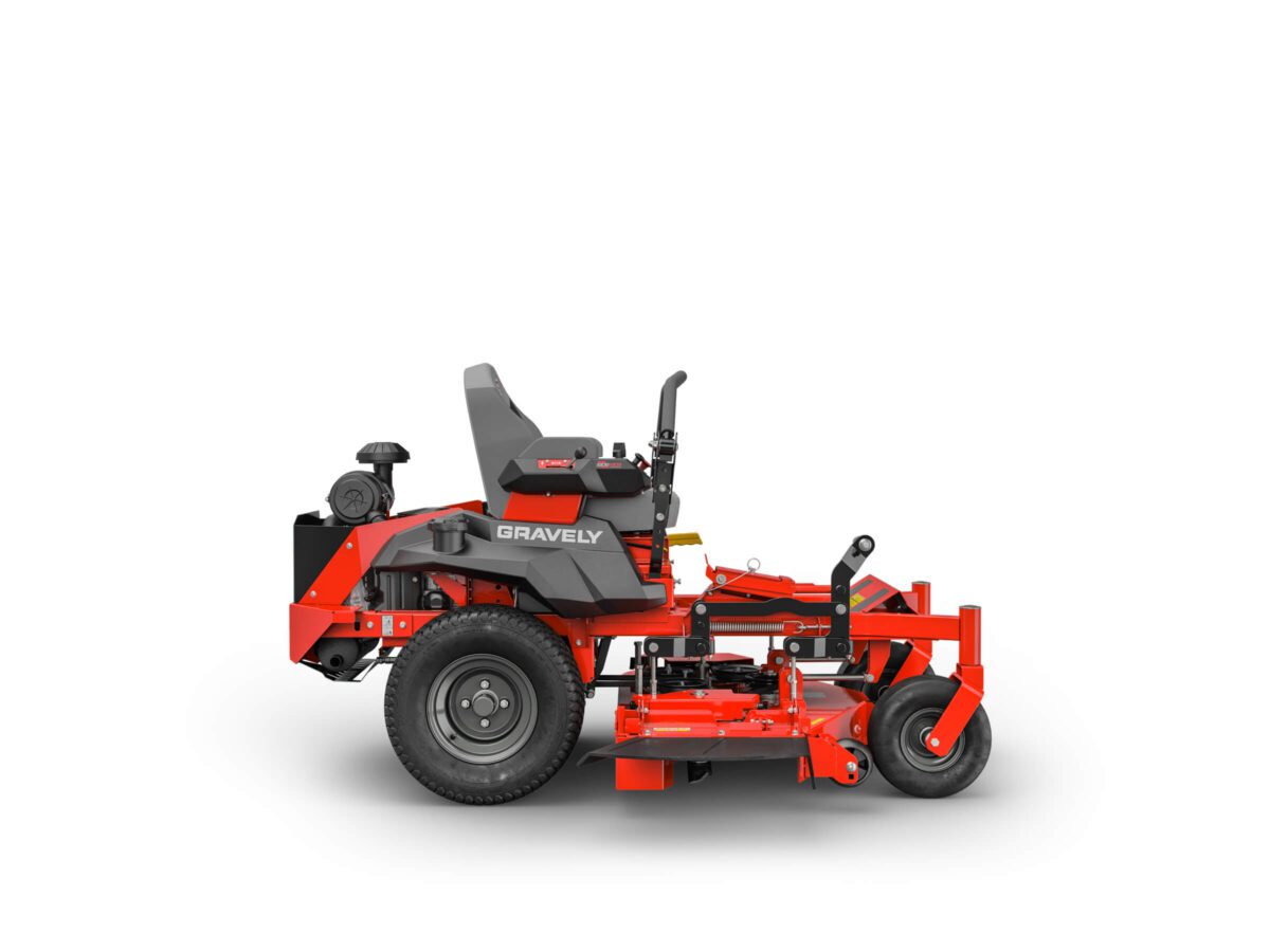 A red zero-turn lawn mower with a gray seat and black handles, featuring the brand name "Gravely.
