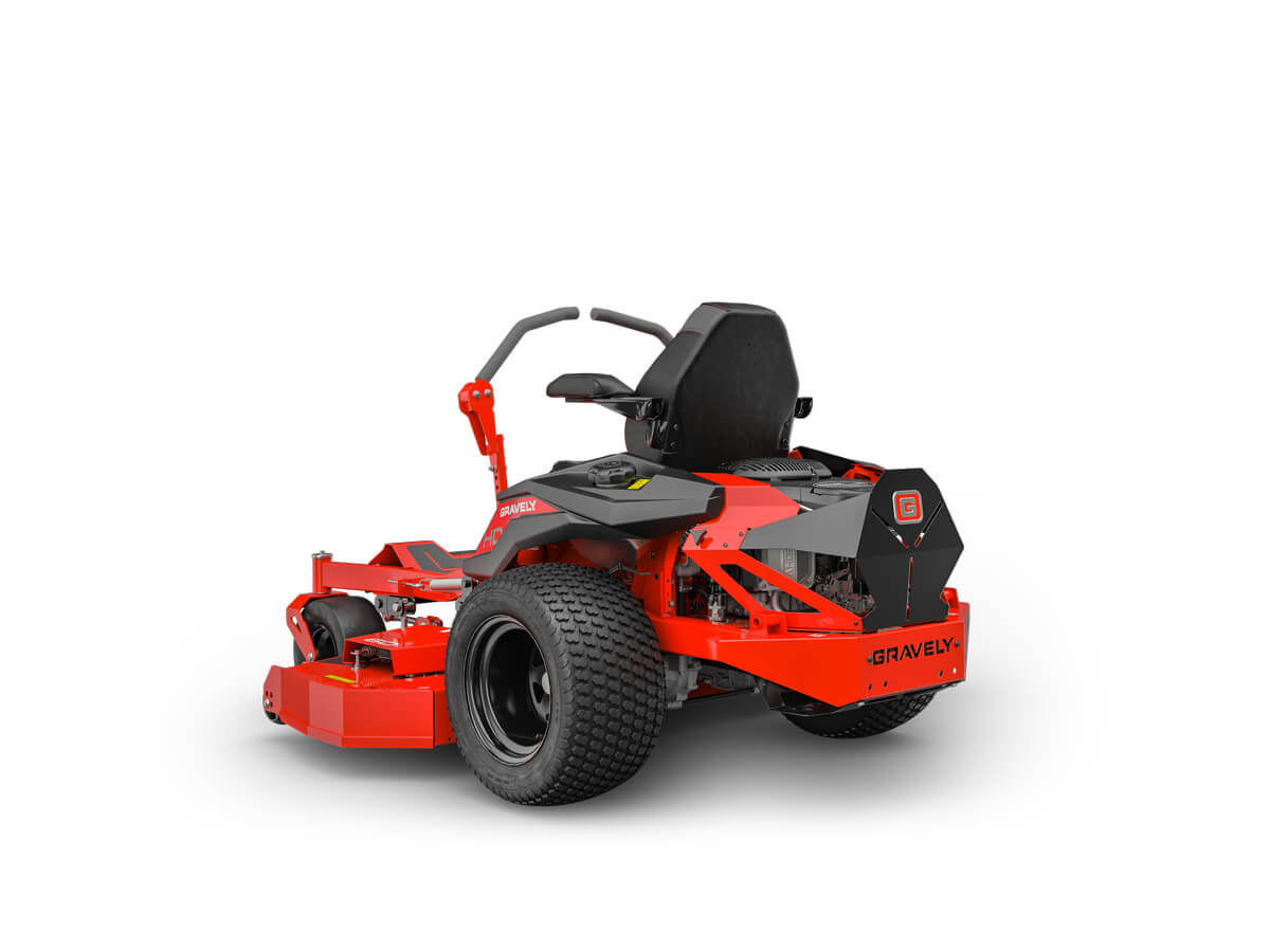 A red zero-turn lawn mower with black seat, steering levers, and large rear tires, shown on a white background.