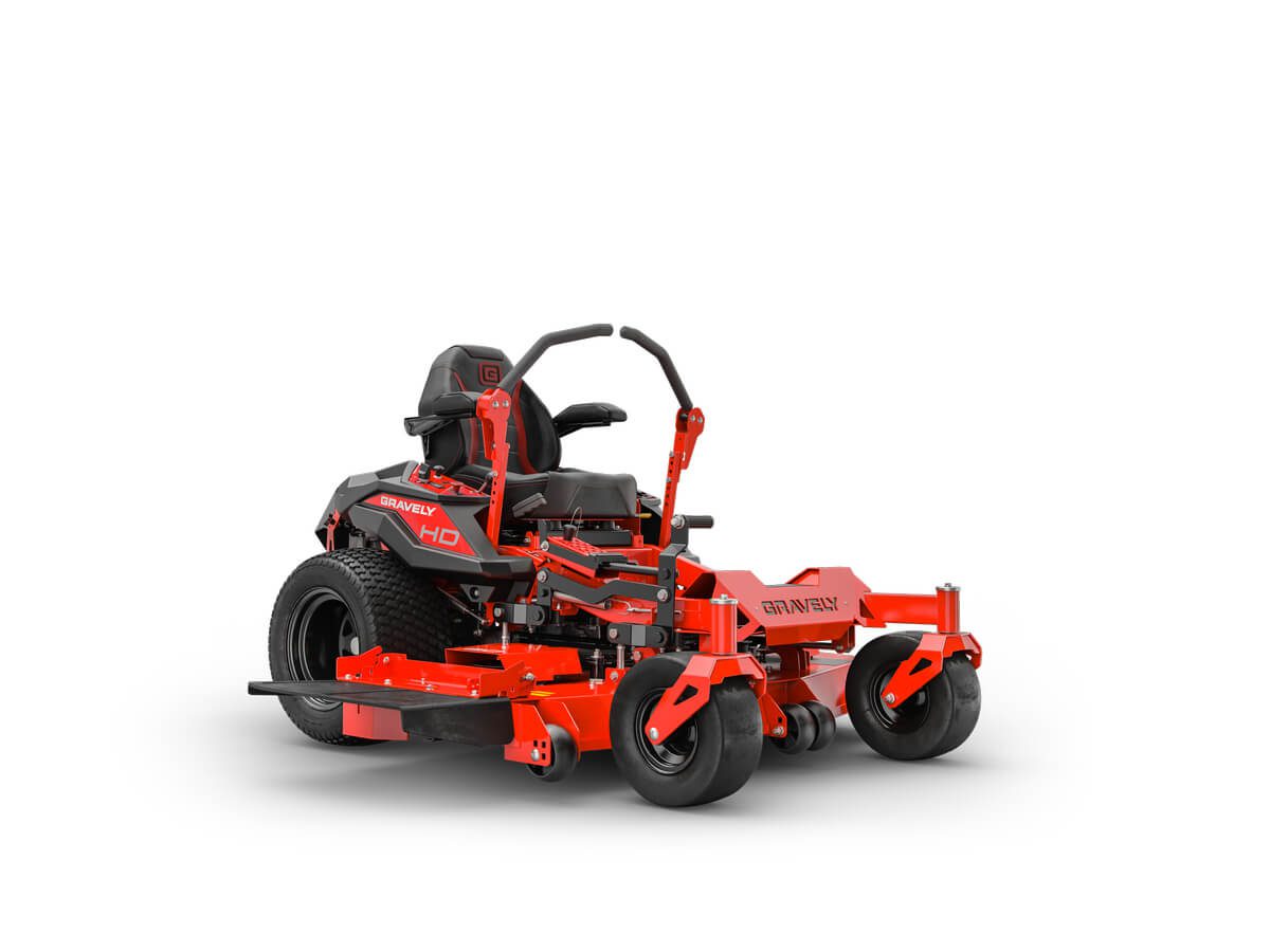 A red zero-turn lawn mower with black accents, featuring a comfortable seat, control levers, and four large wheels, designed for efficient grass cutting.