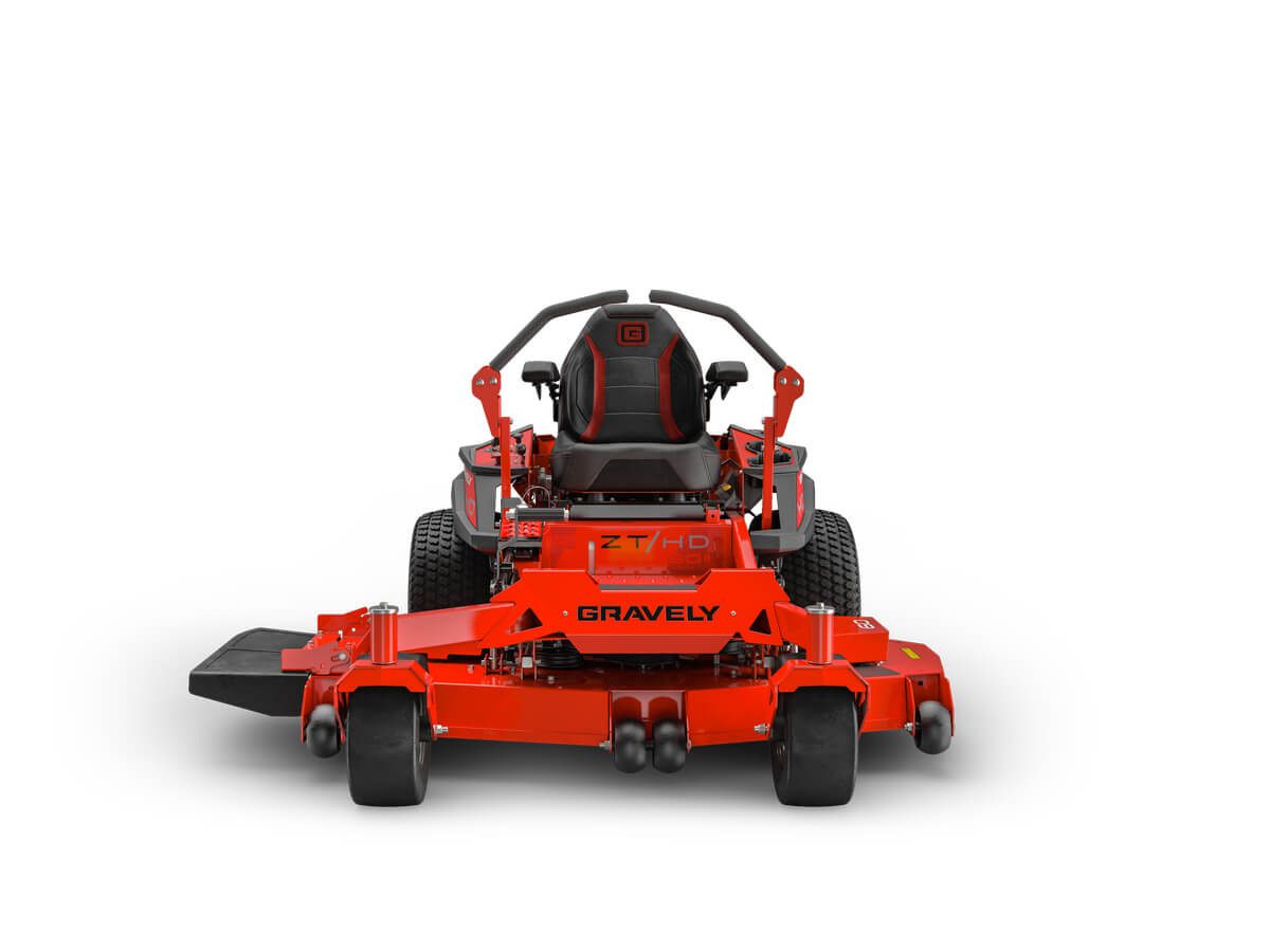 Red Gravely ZT HD zero-turn lawn mower, front view, showing seat, handlebars, and sturdy wheels.