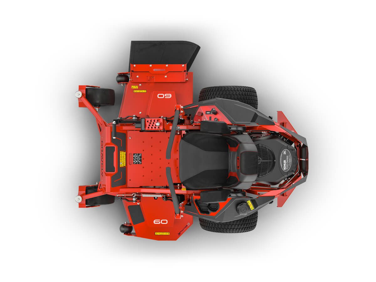 Top view of a red and black riding lawn mower with visible engine and cutting deck, showing detail in its design and components.