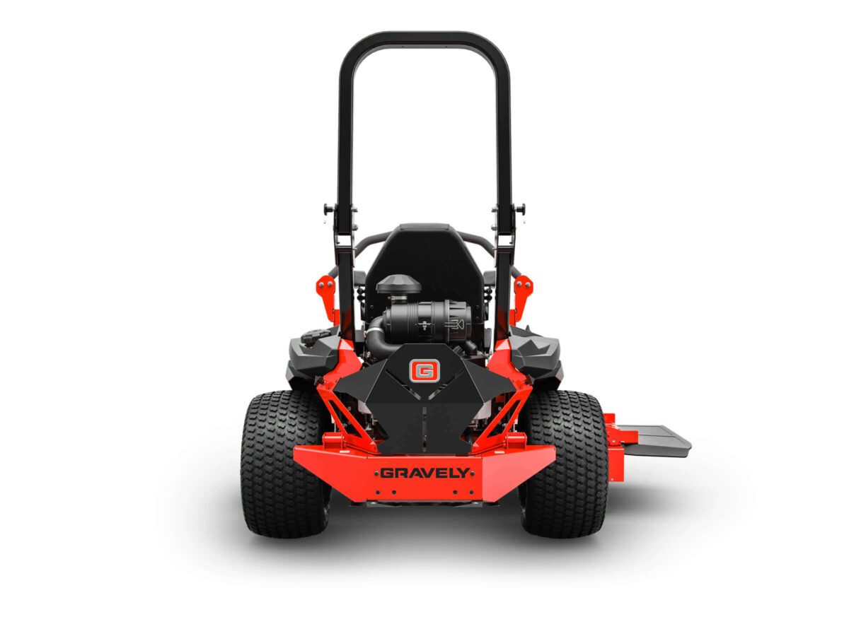 Front view of a red Gravely riding lawn mower, displaying its large black tires and engine, with a roll bar at the back.