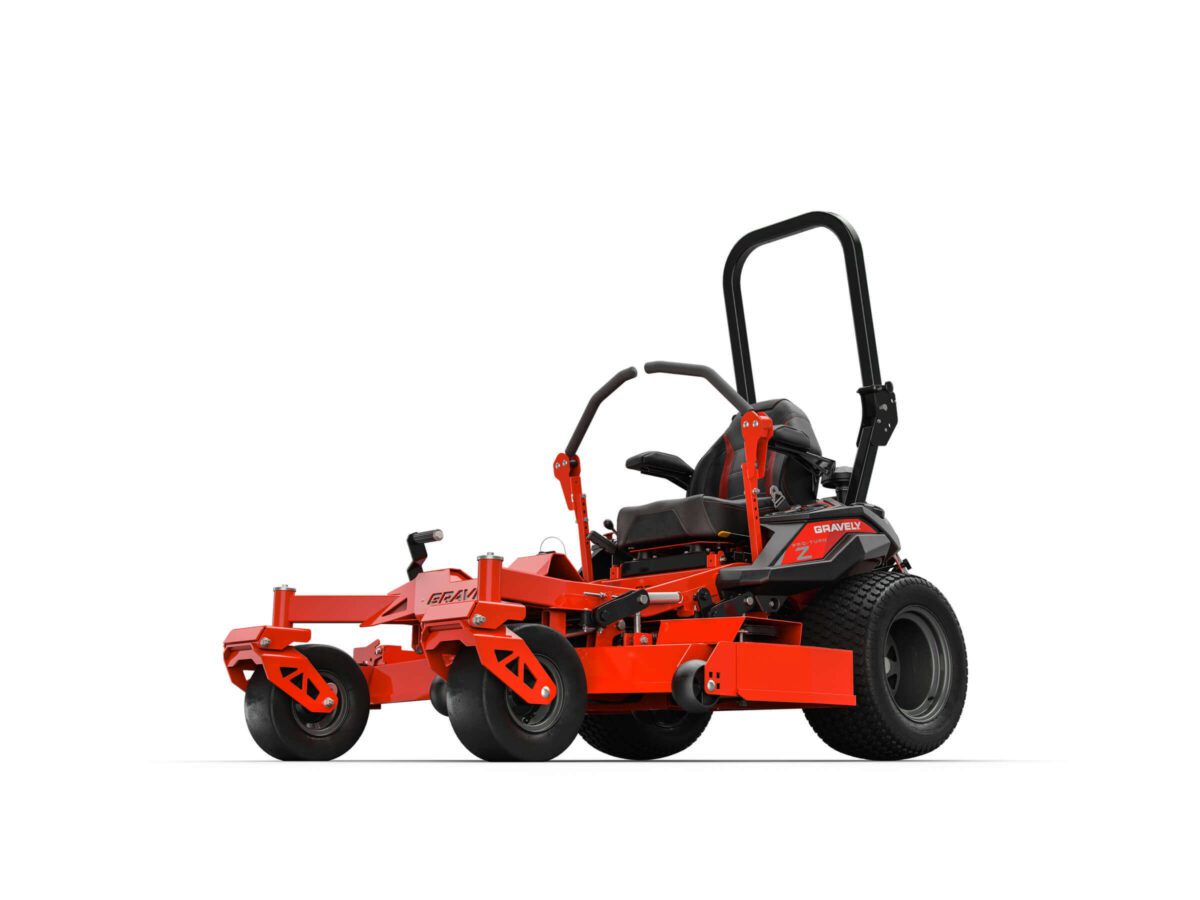 A red zero-turn lawn mower with a black seat and large rear wheels, designed for efficient grass cutting.