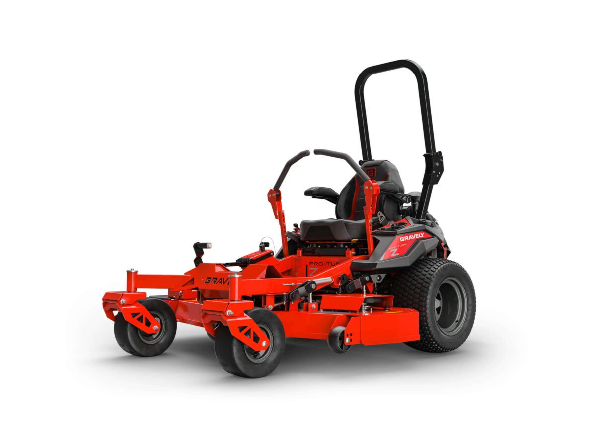 A red zero-turn lawn mower with a black seat and roll bar, featuring dual steering levers and four wheels.