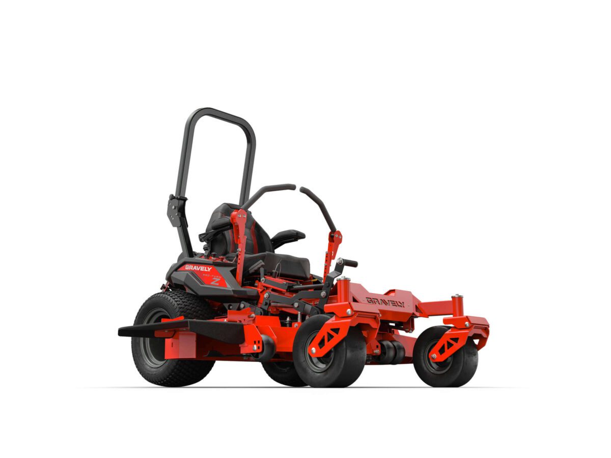 Red zero-turn lawnmower with black seat and steering bars, featuring sturdy wheels and a visible brand logo.