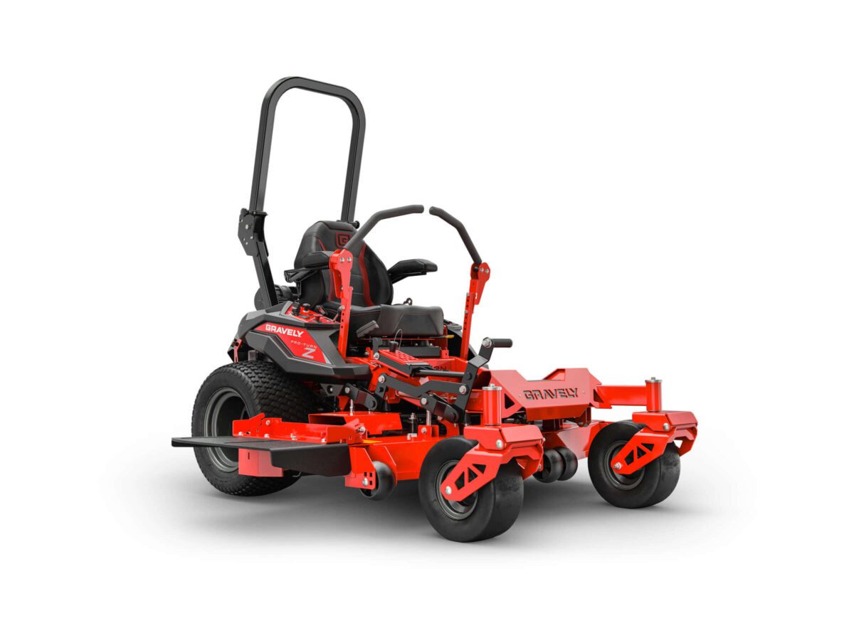 Orange zero-turn lawn mower with a seat, steering levers, and large rear wheels, designed for efficient grass cutting.