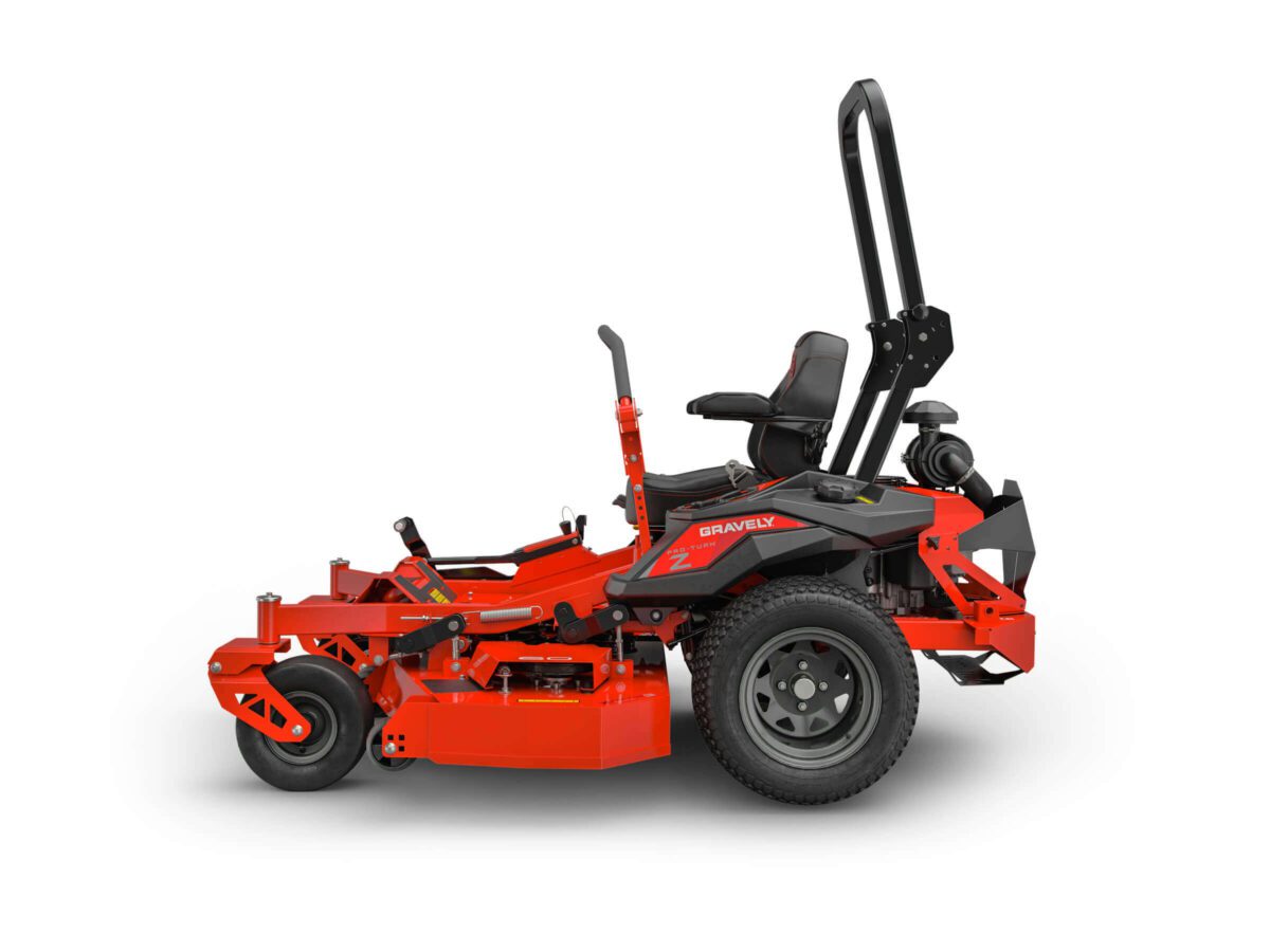 A red zero-turn riding lawn mower with a black seat and roll bar, featuring four wheels and a prominent front cutting deck.
