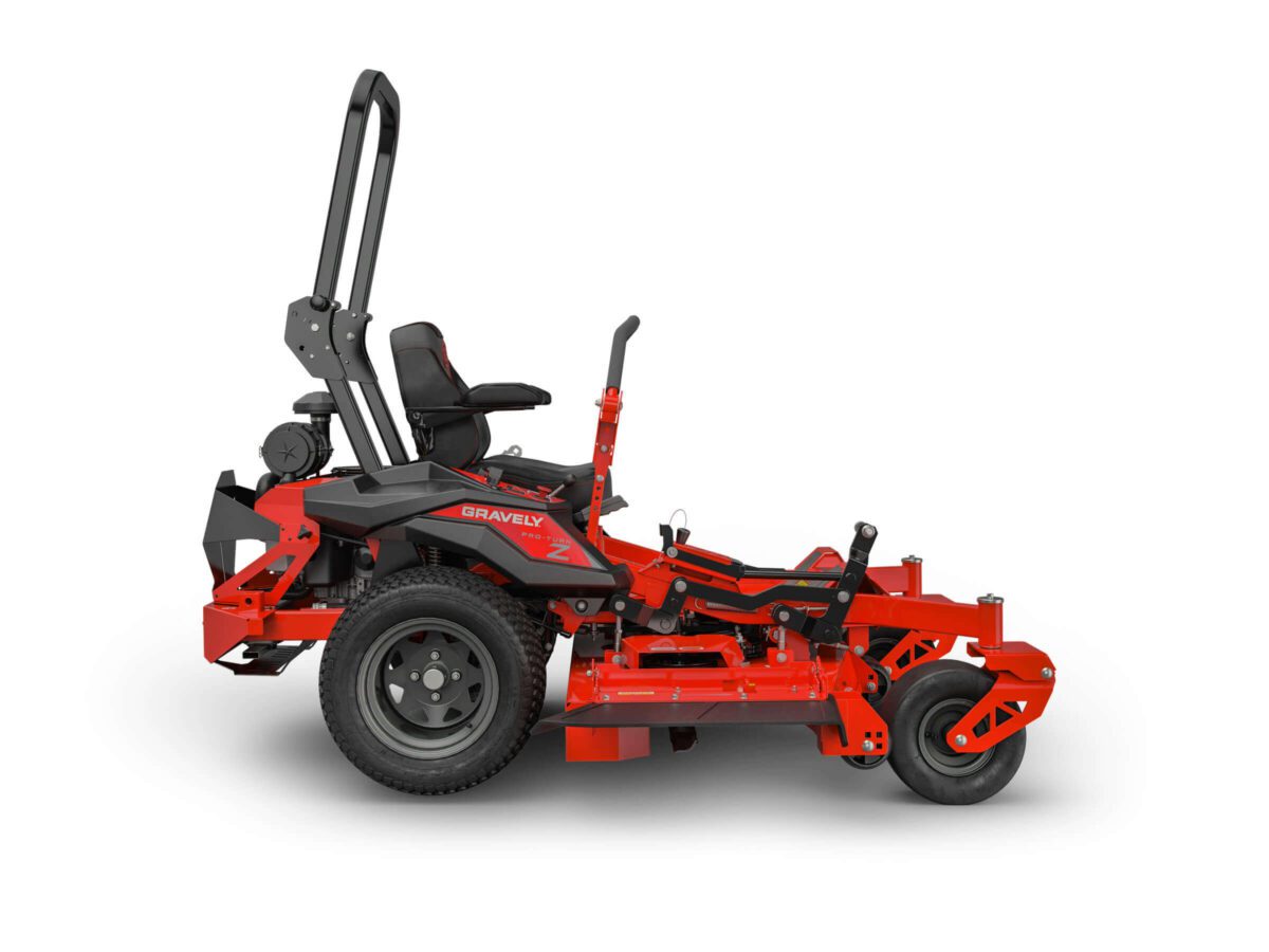A red riding lawn mower with a sleek black seat and sturdy roll bar, expertly designed for efficient grass cutting. Shown from the side on a white background, this is the epitome of lawn mowers meeting both style and functionality.