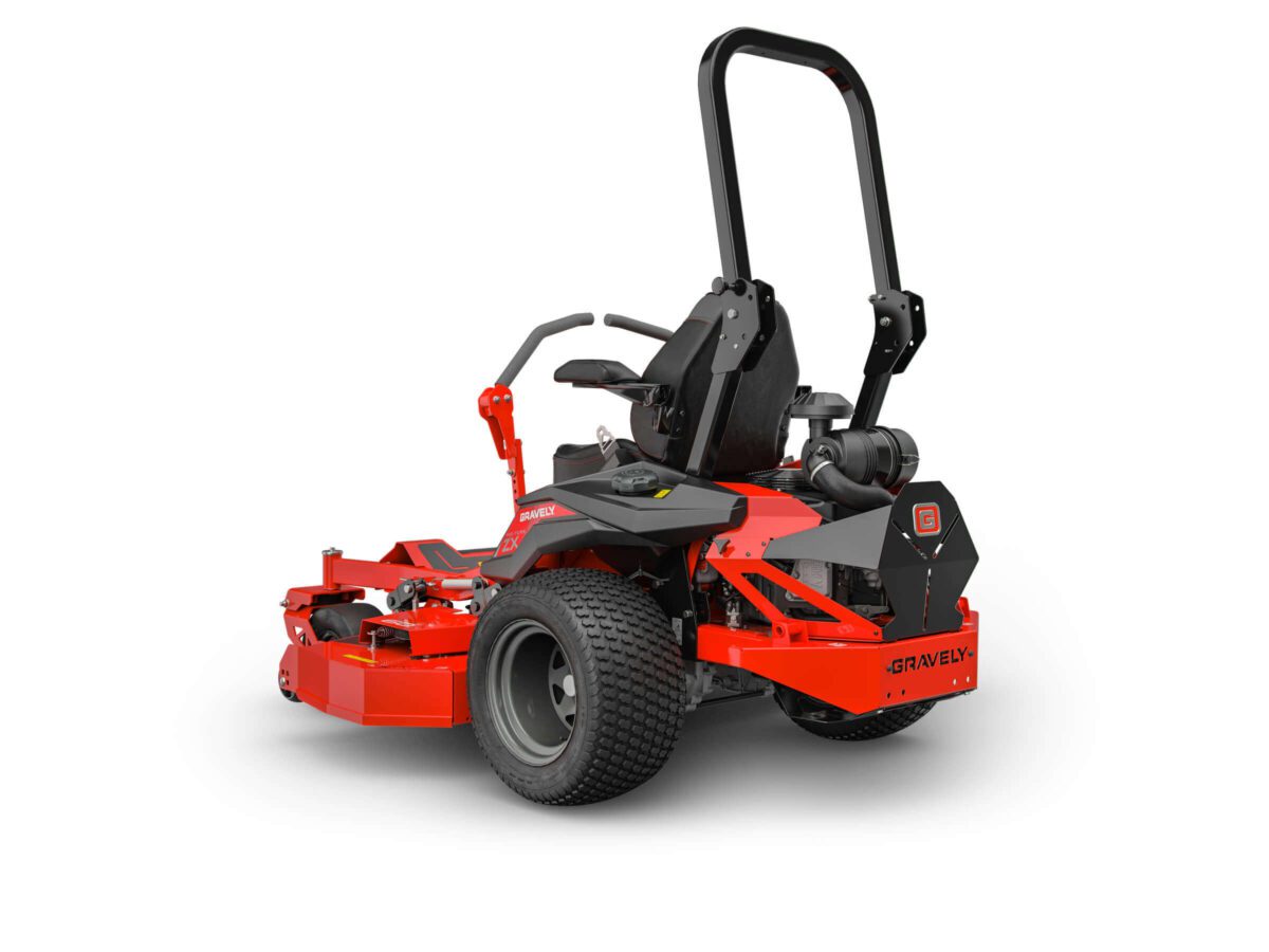 Red zero-turn lawn mower with a black seat, roll bar, and rear tires, viewed from the back and slightly to the side.