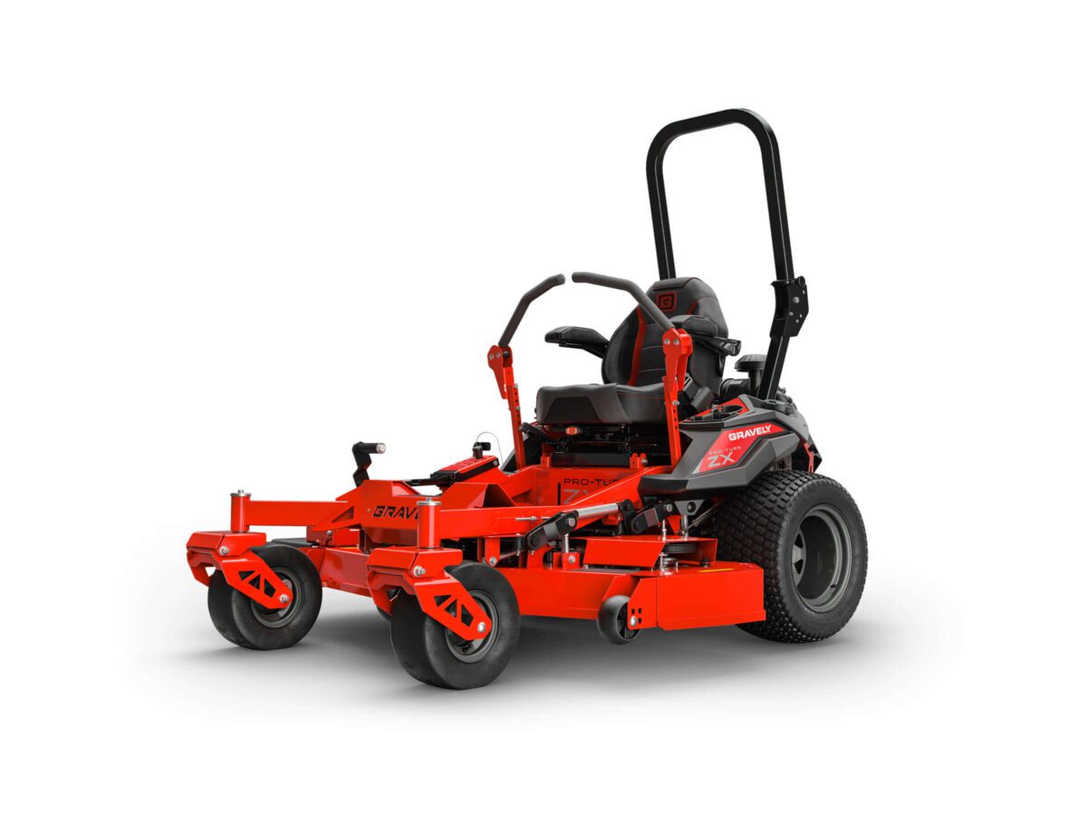 A red, zero-turn riding lawn mower with a black seat and roll bar, featuring four wheels and heavy-duty construction.