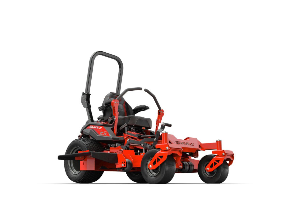 Orange zero-turn lawn mower with black seat, roll bar, and steering levers. Front view includes large rear wheels and smaller front wheels designed for efficient maneuvering and grass cutting.