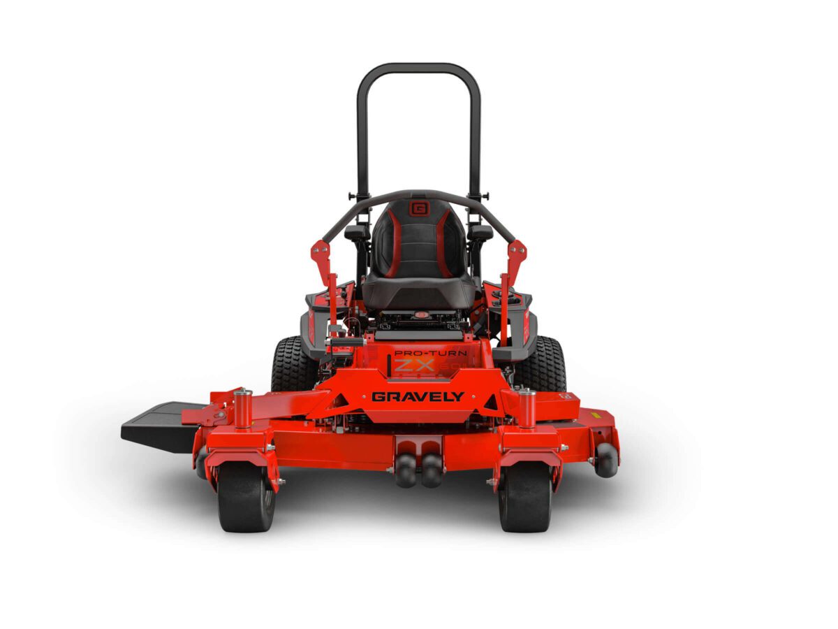 Front view of a red Gravely Pro-Turn 200 zero-turn mower with large tires, a black seat, and handlebar.