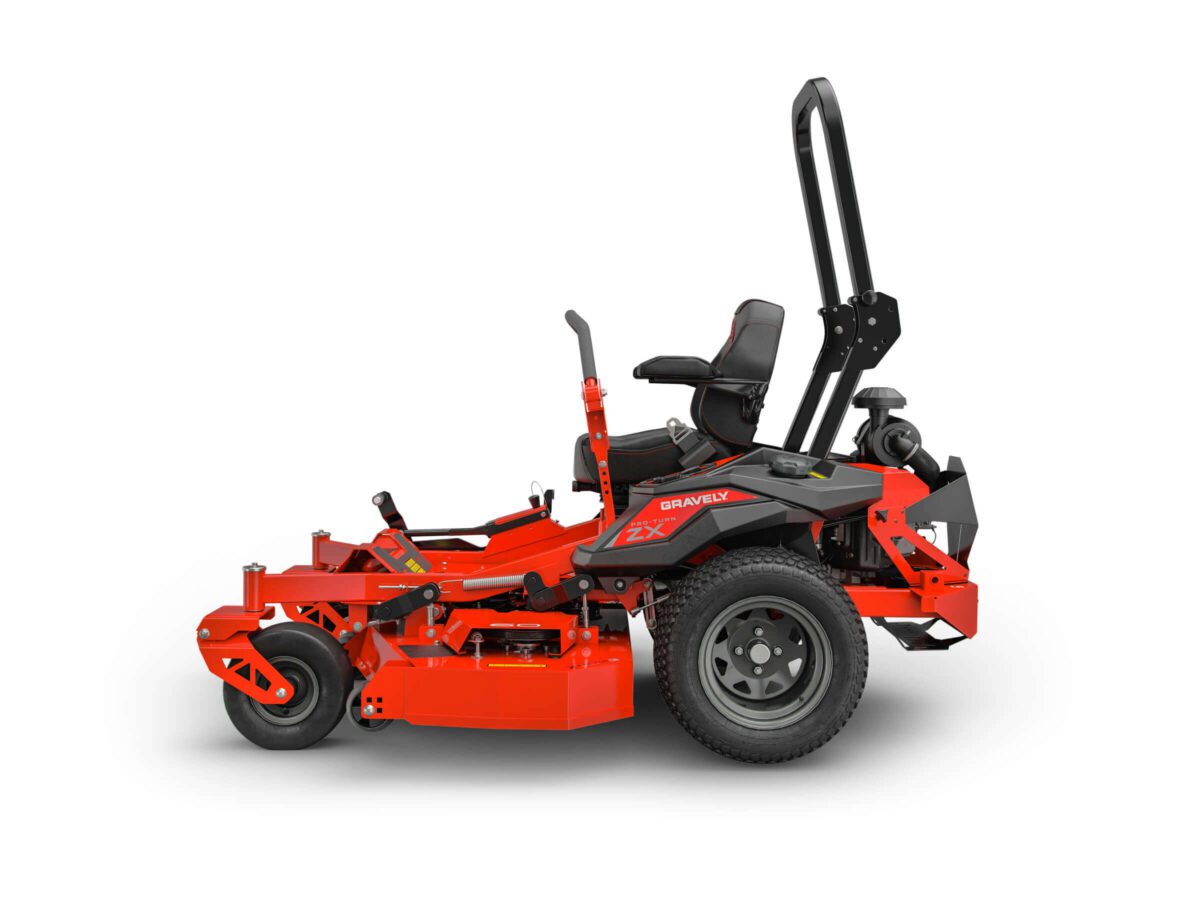 Red zero-turn lawn mower with a black seat and roll bar, featuring visible controls and four wheels.