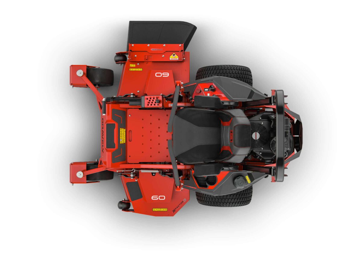 Top view of a red riding lawn mower with black and gray accents, showing the seat, engine, and large rear wheels.