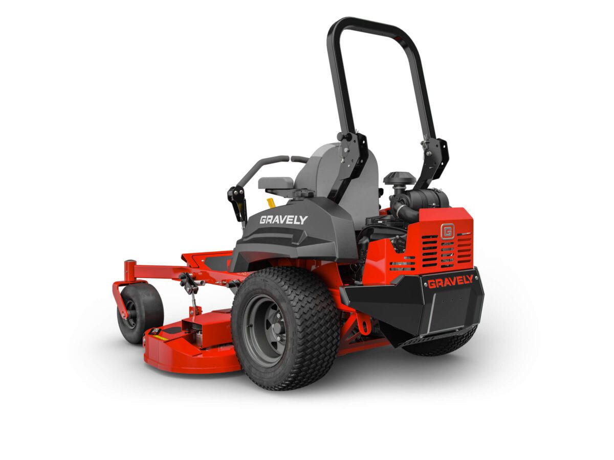 Red and black Gravely zero-turn lawn mower with a roll-over protection system, visible from a rear-side angle, showing the seat, large rear tires, and deck.