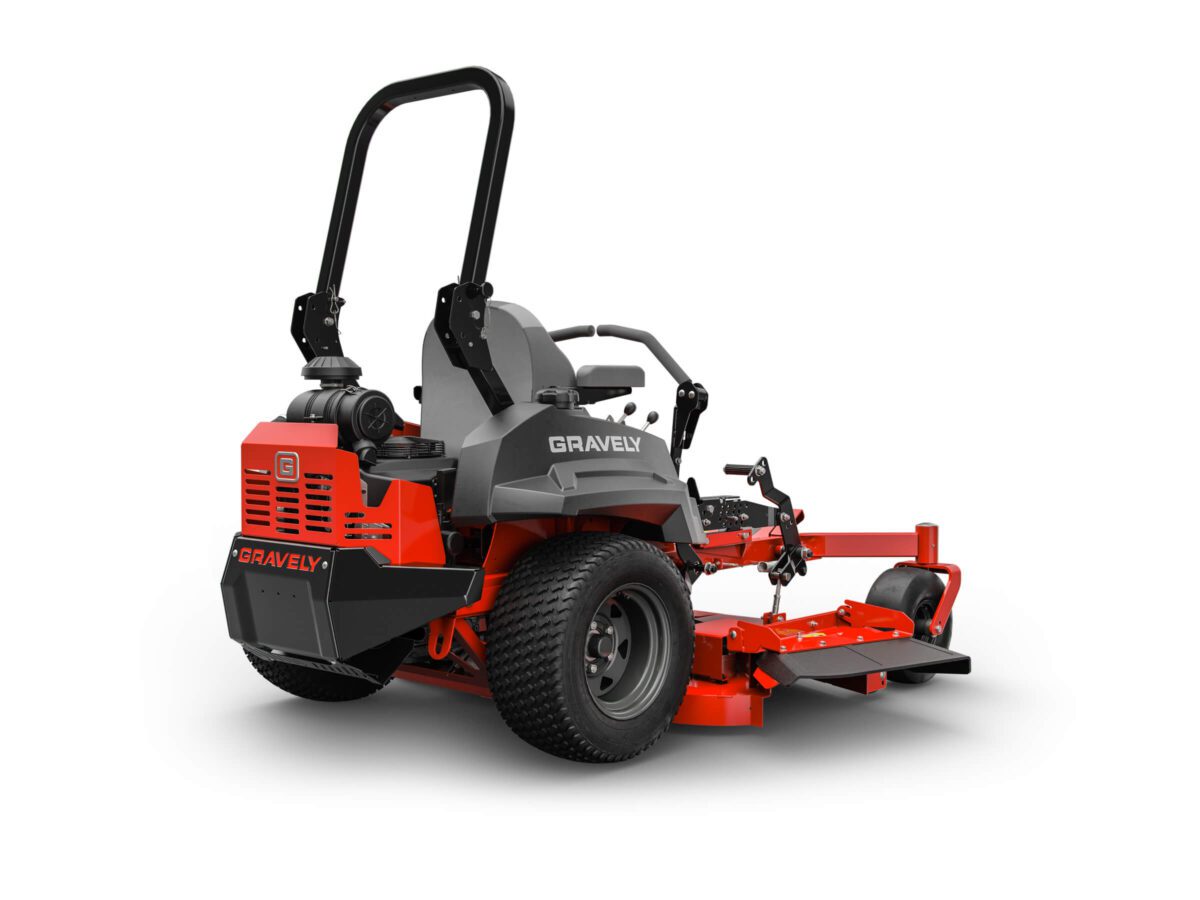 Red and gray Gravely zero-turn lawn mower with a roll bar and side discharge deck, shown on a white background.