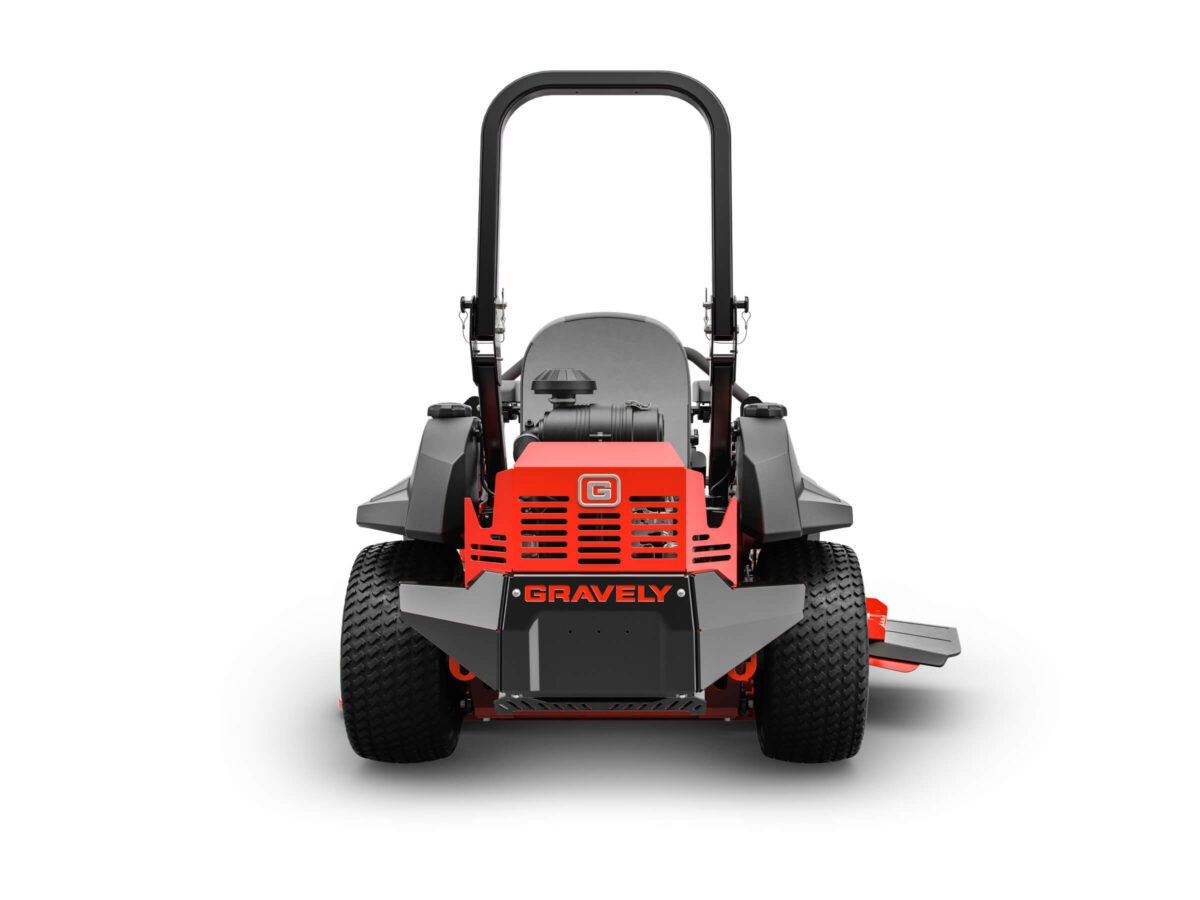 Red and gray Gravely ride-on lawn mower, viewed from the front, with large rear wheels and a visible roll-over protection structure.