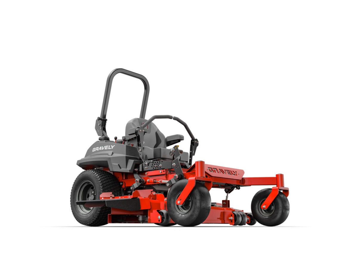 A red and black zero-turn lawn mower with a padded seat, steering levers, and wide cutting deck positioned on a white background.