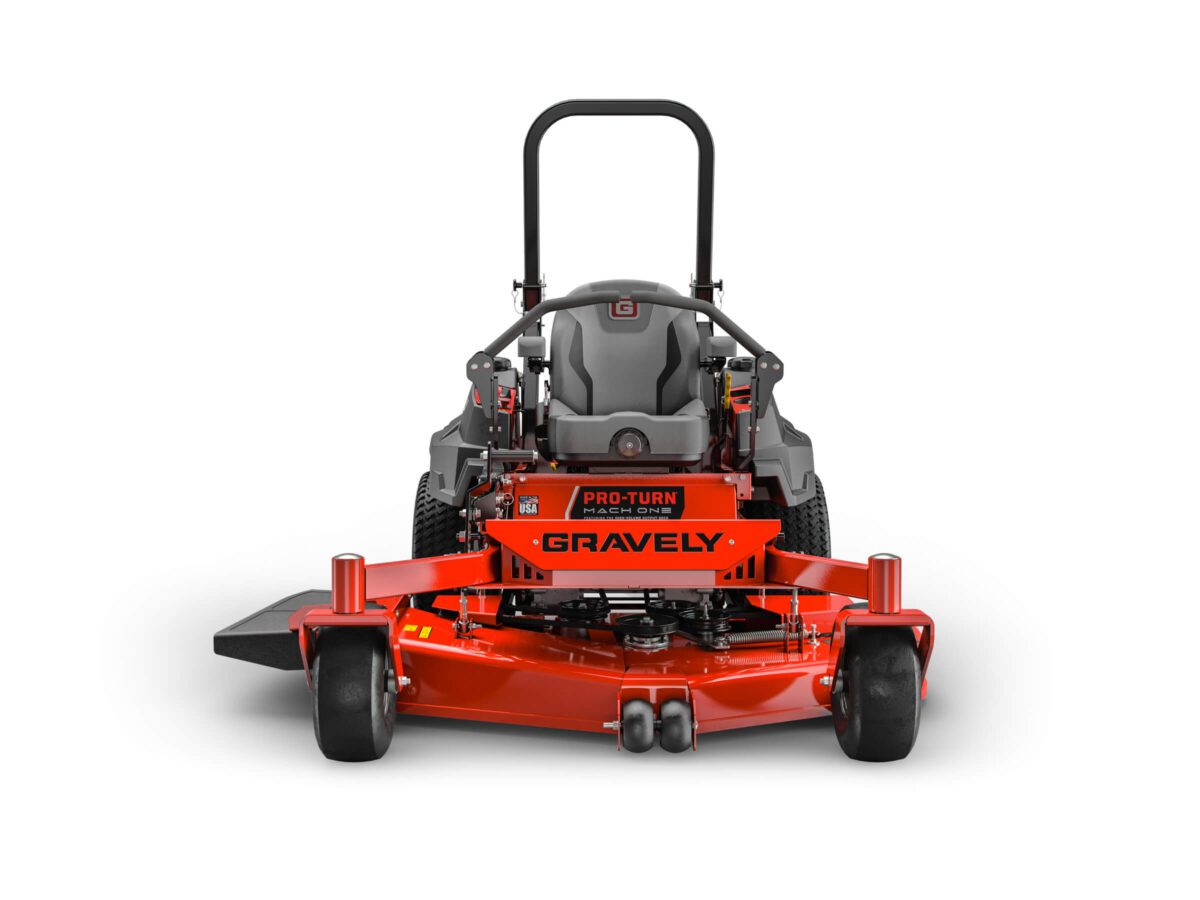 Front view of a Gravely Pro-Turn zero-turn lawn mower with visible seat, steering levers, and orange mowing deck.