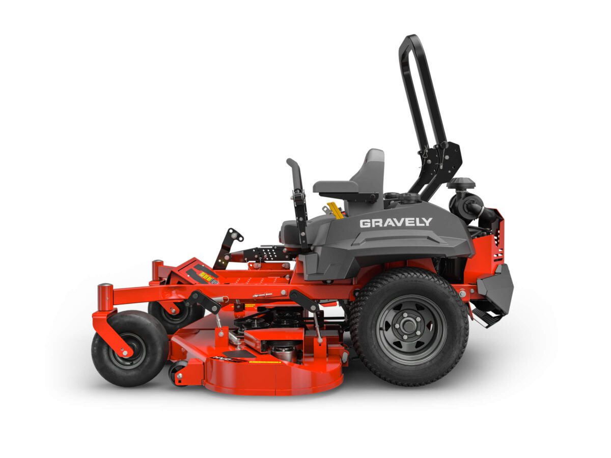 A red and black Gravely zero-turn lawn mower with a seat and steering controls, displayed against a white background.