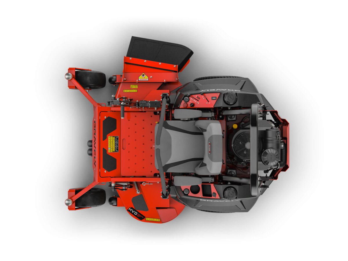 Top view of a red and gray riding lawn mower with visible seat, engine, and deck.