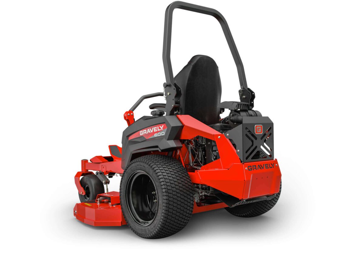 Red and black Gravely 660 zero-turn mower with a roll bar, large rear tires, and visible deck, viewed from the rear left angle.