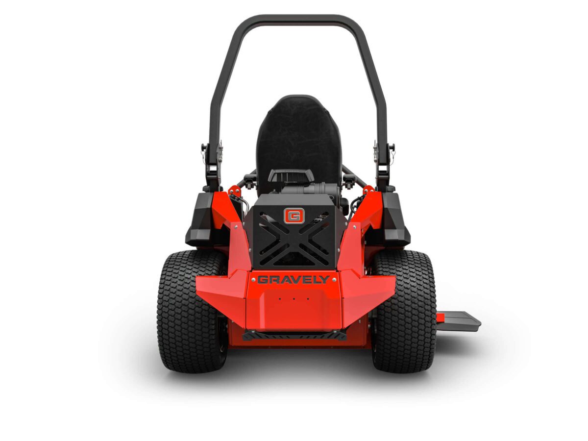 Red Gravely zero-turn lawn mower viewed from the back, showing robust tires, a seat with a protective roll bar, and the brand name prominently displayed.